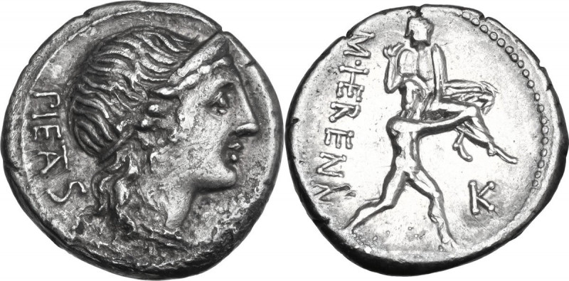 M. Herennius. AR Denarius, 108-107 BC. Obv. PIETAS. Diademed head of Pietas righ...