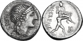 M. Herennius. AR Denarius, 108-107 BC. Obv. PIETAS. Diademed head of Pietas right; dotted and linear border. Rev. M. HERENNI. One of the Catanean brot...