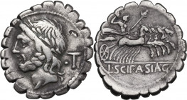 L. Cornelius Scipio Asiagenus. AR Denarius serratus, 106 BC. Obv. Head of Jupiter left, laureate; behind, T and dot. Rev. Jupiter in quadriga right, h...