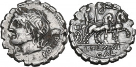 L. Memmius Galeria. Fourrée Denarius serratus, 106 BC. Obv. Laureate head of Saturn left; before, L and dot; behind, harpa and ROMA. Rev. Venus in big...