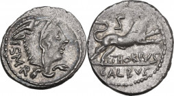 L. Thorius Balbus. AR Denarius, 105 BC. Obv. Head of Juno of Lanuvium right, wearing goat's skin, I.S.M.R. behind. Rev. Bull charging right, S above, ...