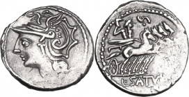 L. Appuleius Saturninus. AR Denarius. 104 BC. Rome mint. Obv. Head of Roma, left. Rev. Saturn in quadriga, right. Cr. 317/3a. AR. 3.90 g. 20.00 mm. VF...