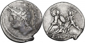 Q. Minucius Thermus. AR Denarius, 103 BC. Obv. Head of Mars left, helmeted. Rev. Roman soldier fighting barbarian soldier in protection of a fallen co...