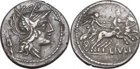 L. Iulius. AR Denarius, 101 BC. Obv. Helmeted head of Roma right; behind, corn-ear. Rev. Victory in biga right, holding reins; below, L.IVLI. Cr. 323/...