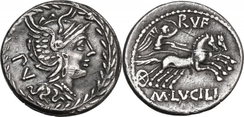 M. Lucilius Rufus. AR Denarius, 101 BC. Obv. Helmeted head of Roma right; behind...