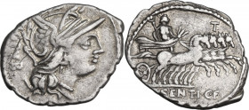 L. Sentius C.f. AR Denarius, 101 BC. Obv. Helmeted head of Roma right; behind, ARG PVB. Rev. Jupiter in quadriga right, holding thunderbolt and reins ...