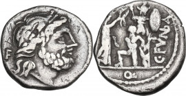 C. Fundanius. AR Quinarius, 101 BC. Obv. Laureate head of Jupiter right; behind, F. Rev. Victory right erecting trophy at base of which kneels a capti...