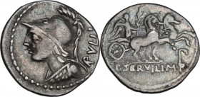 P. Servilius M.f. Rullus. Denarius, 100 BC. Obv. Head of Minerva right, helmeted; with aegis. Rev. Victoria, standing in biga right, holding palm bran...