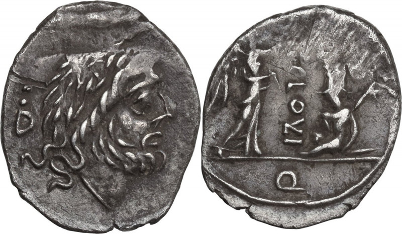 T. Cloulius. Quinarius, 98 BC. Obv. Laureate head of Jupiter right. Rev. Victory...