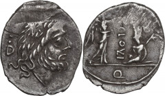 T. Cloulius. Quinarius, 98 BC. Obv. Laureate head of Jupiter right. Rev. Victory standing right, crowning trophy; before trophy, captive; beside troph...