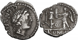 C. Egnatuleius. Quinarius, Rome mint, 97 BC. Obv. Laureate head of Apollo right; on the left, C·EGNATVLEI·C·F (NAT and VL ligate); below, Q. Rev. Vict...