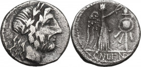 Cn. Cornelius Lentulus Clodianus. Quinarius, Rome mint, 88 AD. Obv. Laureate head of Jupiter right. Rev. Victory standing right, crowning trophy; in e...