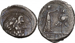 Cn. Cornelius Lentulus Clodianus. Quinarius, Rome mint, 88 AD. Obv. Laureate head of Jupiter right. Rev. Victory standing right, crowning trophy; in e...