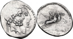 C. Censorinus. AR Denarius. Rome mint. Obv. Jugate heads of Numa Pompilius (bearded) and Ancus Marcius, right. Rev. Desultor, right. Cr. 346. AR. 4.00...