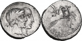 C. Marcius Censorinus. AR Denarius. 88 BC. Rome mint. Obv. Jugate heads of Numa Pompilius (bearded) and Ancus Marcius right. Rev. Desultor right. Cr. ...
