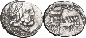 L. Rubrius Dossenus. AR Denarius, 87 BC. Obv. Head of Jupiter right, laureate; behind, scepter. Rev. Triumphal chariot right, small Victory standing o...