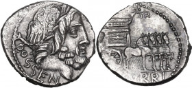 L. Rubrius Dossenus. AR Denarius. 87 BC. Rome mint. Obv. Laureate head of Jupiter, right. Rev. Triumphal quadriga, right. Cr. 348/1. AR. 4.10 g. 18.00...