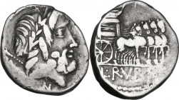 L. Rubrius Dossenus. Denarius, Rome mint 87 BC. Obv. Jupiter. Cr. 348/1; B. 1 (Rubria). AR. 3.67 g. 18.00 mm. Toned. About VF.