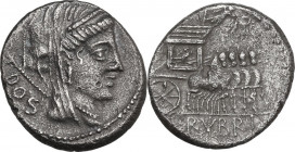 L. Rubrius Dossenus. AR Denarius, 87 BC. Obv. Veiled and diademed head of Juno right, with sceptre on left shoulder; behind, DOS. Rev. Triumphal chari...