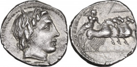 Vergilius, Gargilius and Ogulnius. AR Denarius, 86 BC. Obv. Head of Apollo right, wearing oak-wreath; below, thunderbolt. Rev. Jupiter in quadriga rig...