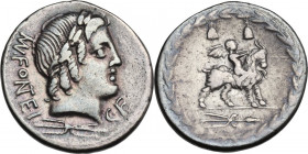 Mn. Fonteius C.f. AR Denarius, 85 BC. Obv. Laureate head of Vejovis right, MN. FONTEI behind, C.F below chin. Rev. Infant winged Genius seated on goat...
