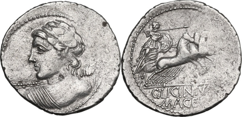 C. Licinius L.f. Macer. AR Denarius, 84 BC. Obv. Bust of Apollo/Vejovis left, di...