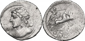 C. Licinius L.f. Macer. AR Denarius, 84 BC. Obv. Bust of Apollo/Vejovis left, diademed, seen from behind, hurling thunderbolt. Rev. Minerva in quadrig...