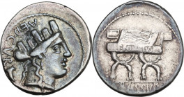 P. Furius Crassipes. AR Denarius, 84 BC. Obv. Turreted head of Cybele right; behind, foot upwards. Rev. Curule chair inscribed P. FOVRIVS. Cr. 356/1b;...
