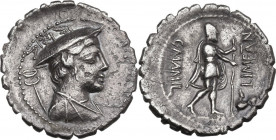 C. Mamilius Limetanus. AR Denarius serratus, 82 BC. Obv. Draped bust of Mercury right, wearing winged petasus; caduceus over left shoulder; above, I. ...