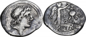 Anonymous. AR Quinarius , 81 BC. Obv. Head of Apollo right, lauerate. Rev. Victory right crowning trophy; in field, Q, in exergue ROMA. Cr. 373/1b. AR...