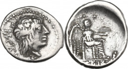 L. Procilius. AR Denarius, 80 BC. Obv. Head of Jupiter right, laureate. Rev. Juno Sospita standing right, holding shield and hurling spear; at her fee...