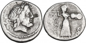 L. Procilius. AR Denarius, 80 BC. Obv. Laureate head of Jupiter right. Rev. Juno Sospita standing right, holding shield and hurling spear; at her feet...