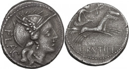 L. Rutilius Flaccus. AR Denarius, 77 BC. Obv. Helmeted head of Roma right; behind, FLAC. Rev. Victory in biga right, holding reins and wreath; in exer...