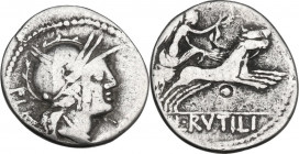 L. Rutilius Flaccus. AR Fourrée (?) Denarius, 77 BC. Obv. Helmeted head of Roma right; behind, FLAC. Rev. Victory in biga right, holding reins and wre...