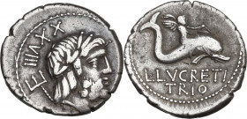 L. Lucretius Trio. AR Denarius, 74 BC. Obv. Laureate head of Neptune right; on the left, trident and control-numeral. Rev. Winged boy riding dolphin r...
