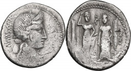 C. Egnatius Cn. f. Cn. n. Maxsumus. AR Denarius, 75 BC. Obv. Diademed and draped bust of Libertas right; behind, pileus. Rev. Roma and Venus standing ...