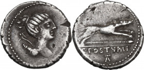 C. Postumius. Denarius, Rome mint, 74 BC. Obv. Draped bust of Diana right, with bow and quiver over shoulder. Rev. Hound running right; below, spear; ...