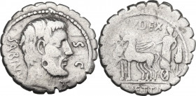 T. Vettius Sabinus. AR Denarius serratus, Rome mint, 70 BC. Obv. King Tatius. Rev. Togate figure in biga. Cr. 404/1; B. (Vettia) 2. AR. 3.50 g. 19.50 ...