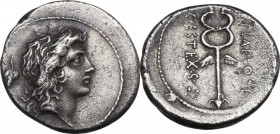 M. Plaetorius M. f. Cestianus. AR Denarius, 69 BC. Obv. Young male head right; behind, control-symbol. Rev. Caduceus between M. PLAETORI and CEST. EX....
