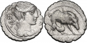 C. Hosidius Geta. AR Denarius serratus, 68 BC. Obv. Diana. Rev. Boar wounded and attacked by hound. Cr. 407/1; B. (Hosidia) 2. AR. 3.90 g. 19.50 mm. A...