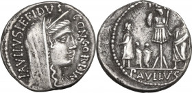 L. Aemilius Lepidus Paullus. AR Denarius, 62 BC. Obv. Veiled and diademed head of Concordia right; PAVLLVS LEPIDVS CONCORDIA around. Rev. TER above tr...