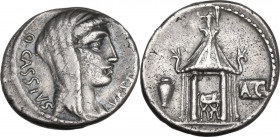 Q. Cassius Longinus. AR Denarius, 55 BC. Obv. Q. CASSIVS VEST. Veiled and draped bust of Libertas right. Rev. Temple of Vesta with curule chair inside...
