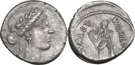 Mn. Acilius. AR Denarius, 49 BC. Obv. Head of Salus right, laureate. Rev. Valetudo standing left, holding snake and resting left arm on column. Cr. 44...