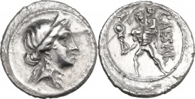 Julius Caesar. AR Denarius. 47-46 BC. Obv. Diademed head of Venus right. Rev. CAESAR. Aeneas advancing left, carrying palladium in right hand and Anch...