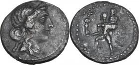 Julius Caesar. AR Denarius, 47-46 BC. Obv. Diademed head of Venus right. Rev. CAESAR. Aeneas advancing left, carrying palladium in right hand and Anch...