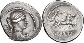 T. Carisius. AR Denarius, 46 BC. Obv. Bust of Victory right. Rev. Victory in biga right; in exergue, T. CARISI. Cr. 464/5. AR. 3.48 g. 21.00 mm. Light...