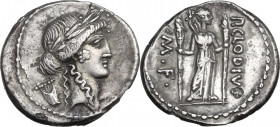 P. Clodius M.f. Turrinus. AR Denarius, 42 BC. Obv. Laureate head of Apollo right; behind, lyre. Rev. P. CLODIVS - M.F. Diana standing right, with bow ...