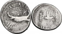 Mark Antony. AR Denarius. mint moving with Mark Antony, 32-31 BC. Obv. Galley, right. Rev. Aquila between two standards. Cr. 544/18; B. 110 (Antonia)....