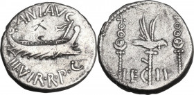 Marcus Antonius. AR Denarius. mint moving with Marcus Antonius, 32-31 BC. Obv. Galley, right. Rev. Aquila between two standards. Cr. 544/18; B. 110 (A...