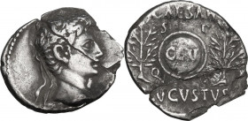 Augustus (27 BC - 14 AD). AR Denarius. Uncertain Spanish mint (Colonia Patricia?), c. 19 BC. Obv. Oak-wreathed head right. Rev. Shield. RIC I (2nd ed....